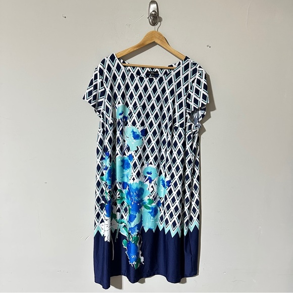 R&K Women’s Plus Size 2X Geometric Floral Print Dress – Navy/Blue - Picture 1 of 7